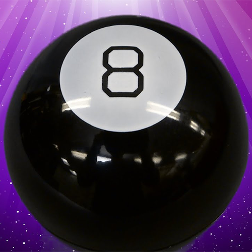 magic eight ball with purple vortex behind it